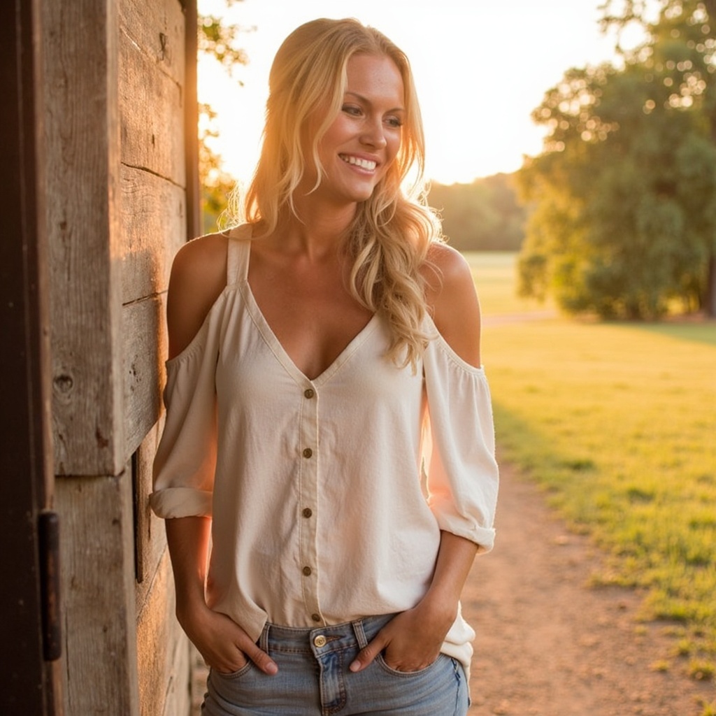 April McMahon beside a rustic barn at sunset