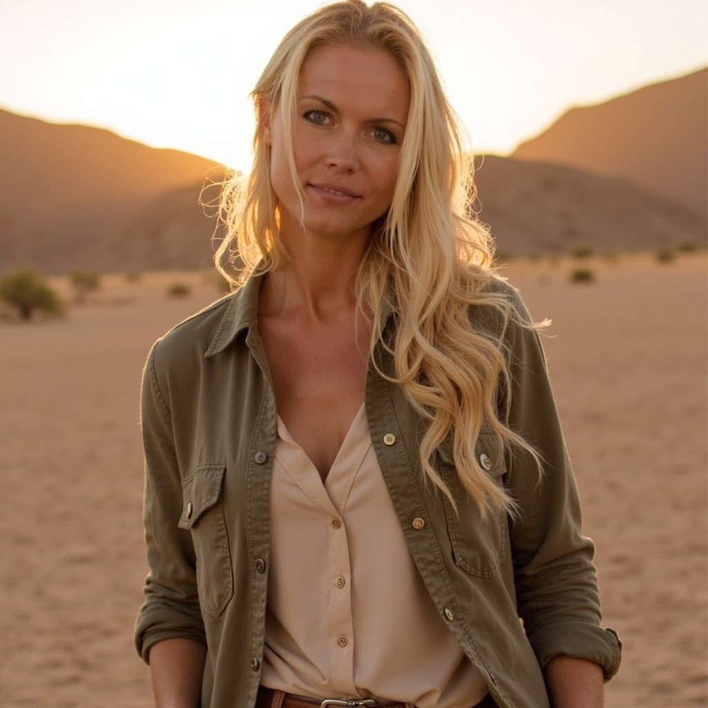 April McMahon in the desert at sunset wearing an olive jacket