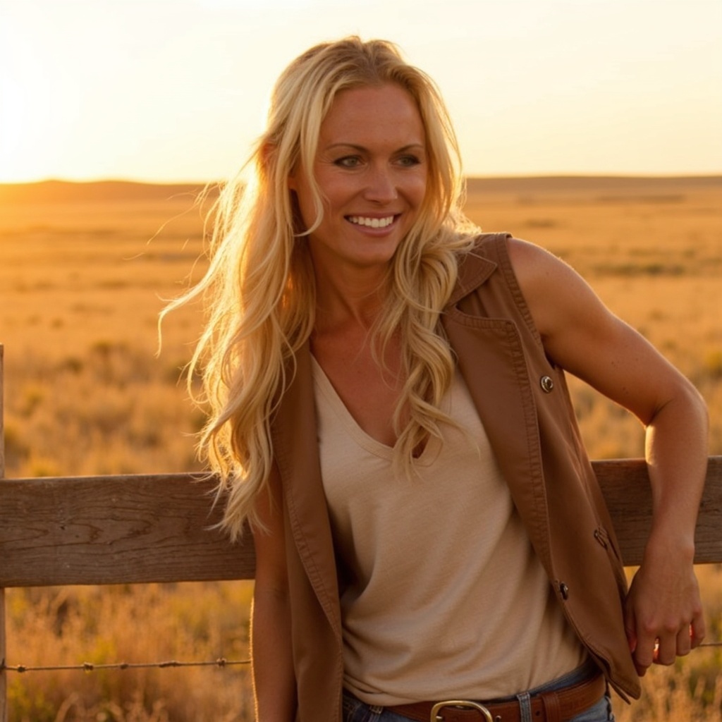April McMahon smiling beside a fence at golden hour